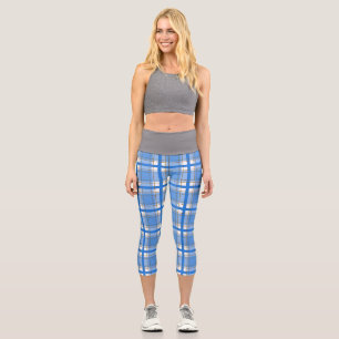 White Blue Plaid Horizontal Vertical Lines Squares Capri Leggings