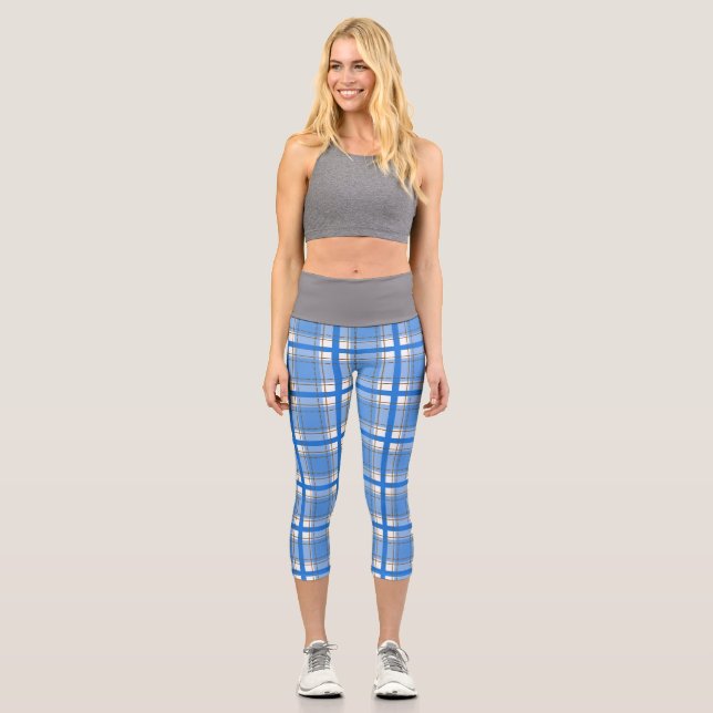 White Blue Plaid Horizontal Vertical Lines Squares Capri Leggings (Front)