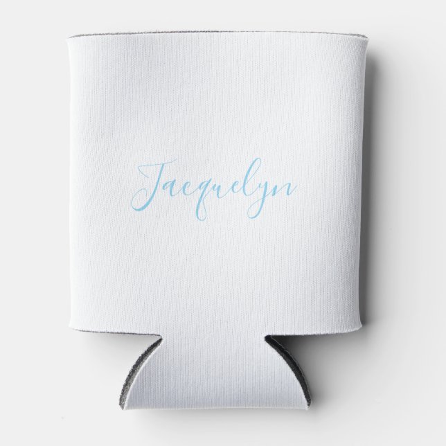 White Blue Plain Elegant Modern Calligraphy Name Can Cooler (Front)