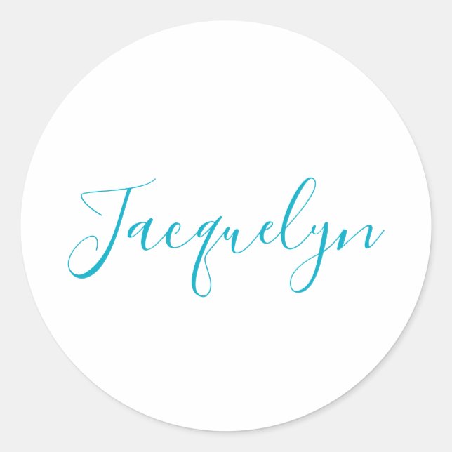White Blue Plain Elegant Modern Calligraphy Name Classic Round Sticker (Front)
