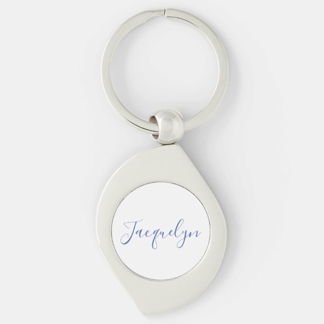 White Blue Plain Elegant Modern Calligraphy Name Key Ring (Front)