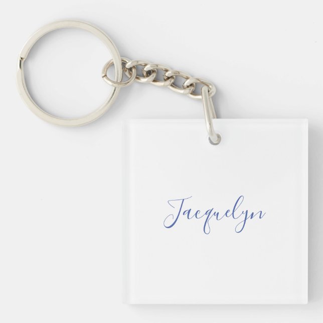 White Blue Plain Elegant Modern Calligraphy Name Key Ring (Front)