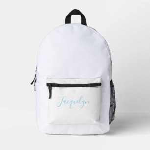 White Blue Plain Elegant Modern Calligraphy Name Printed Backpack