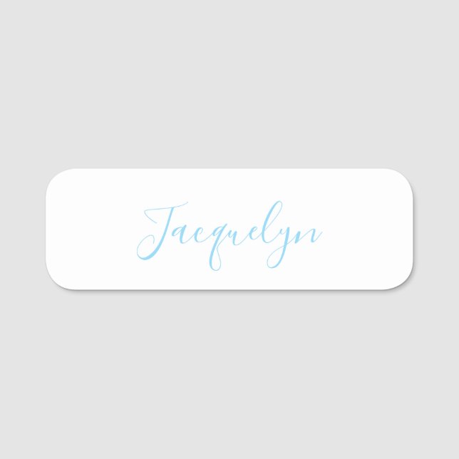 White Blue Plain Elegant Modern Calligraphy Name Tag (Front)