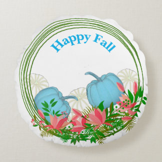White Blue Pumpkins Fall Wreath Greenery Floral Round Cushion