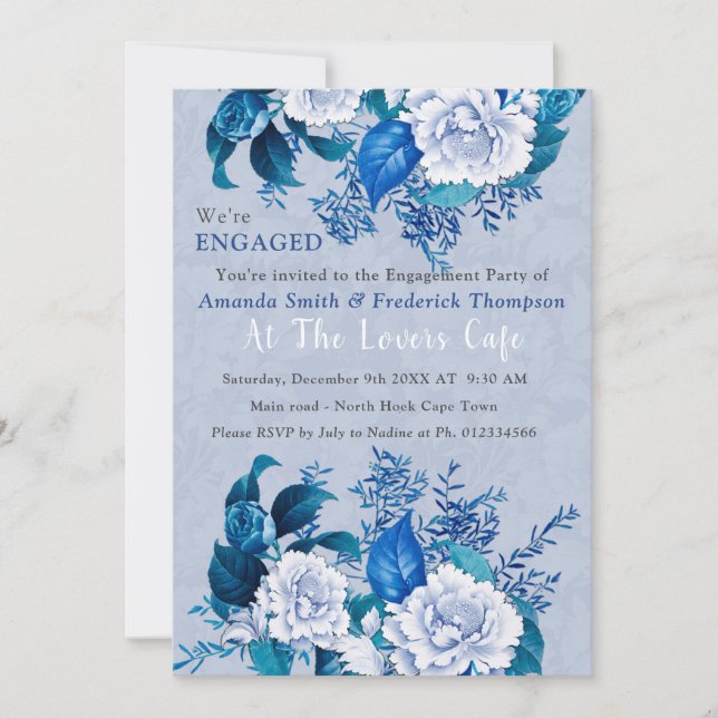 White / blue Rose Flowers design  Invitation (Front)