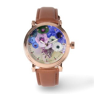 WHITE BLUE ROSES,ANEMONE FLOWERS MONOGRAM WATCH