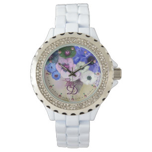 WHITE BLUE ROSES,ANEMONE FLOWERS MONOGRAM WATCH