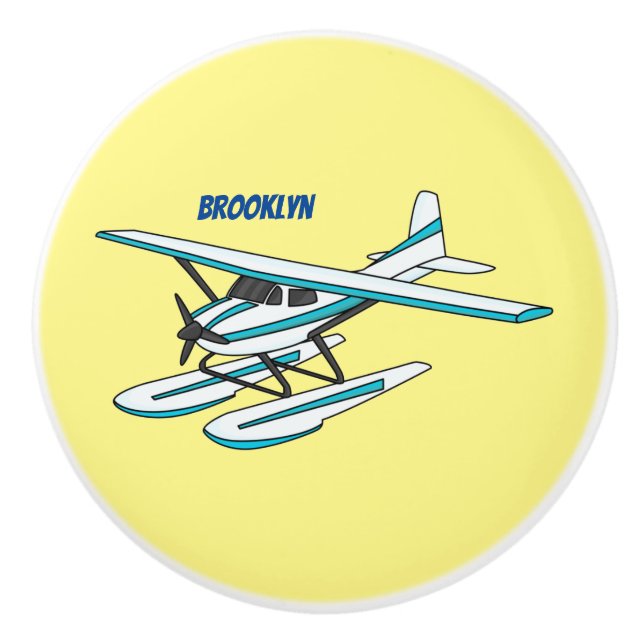 White blue seaplane illustration ceramic knob (Front)