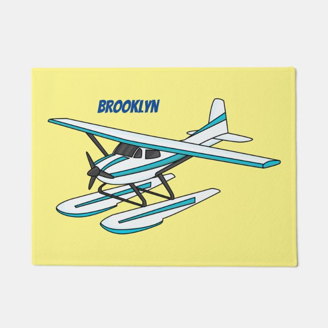 White blue seaplane illustration doormat (Front)