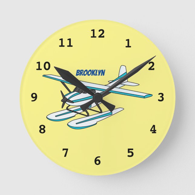 White blue seaplane illustration  round clock (Front)