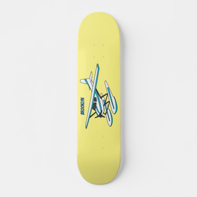White blue seaplane illustration skateboard (Front)