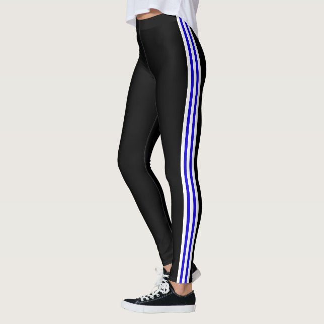 White Blue Side Stripe Black Leggings Choose Colou (Left)
