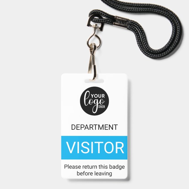 White Blue Simple Logo Visitor Colour Code Access ID Badge (Front with Lanyard)