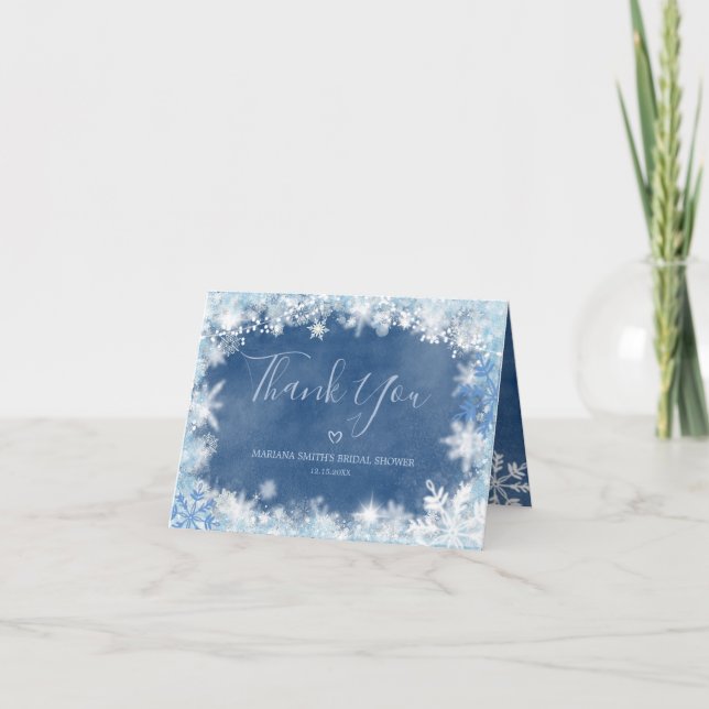 White Blue Snow in Love Snowflake Bridal Folded Thank You Card (Front)