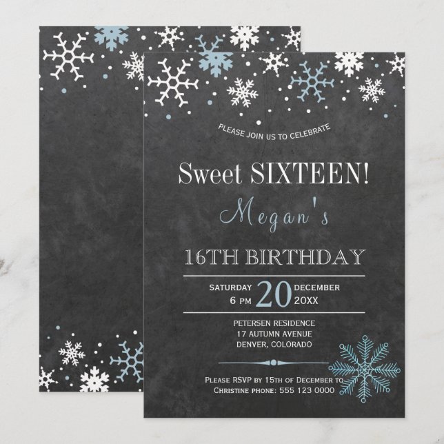 White blue snowflakes chic winter sweet sixteen invitation (Front/Back)