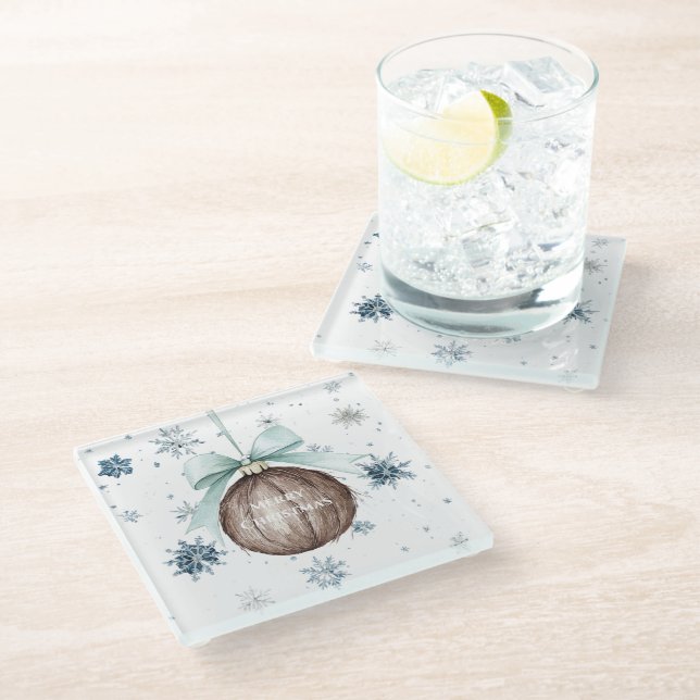 White Blue Snowflakes Christmas Coconut Bow Glass Coaster (Angled)