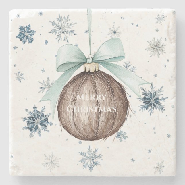 White Blue Snowflakes Christmas Coconut Bow Stone Coaster (Front)