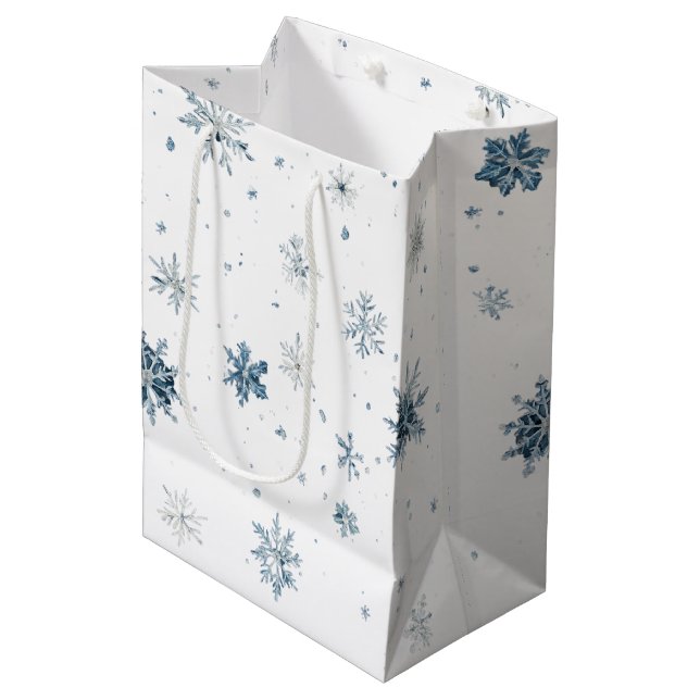 White Blue Snowflakes Christmas Medium Gift Bag (Front Angled)