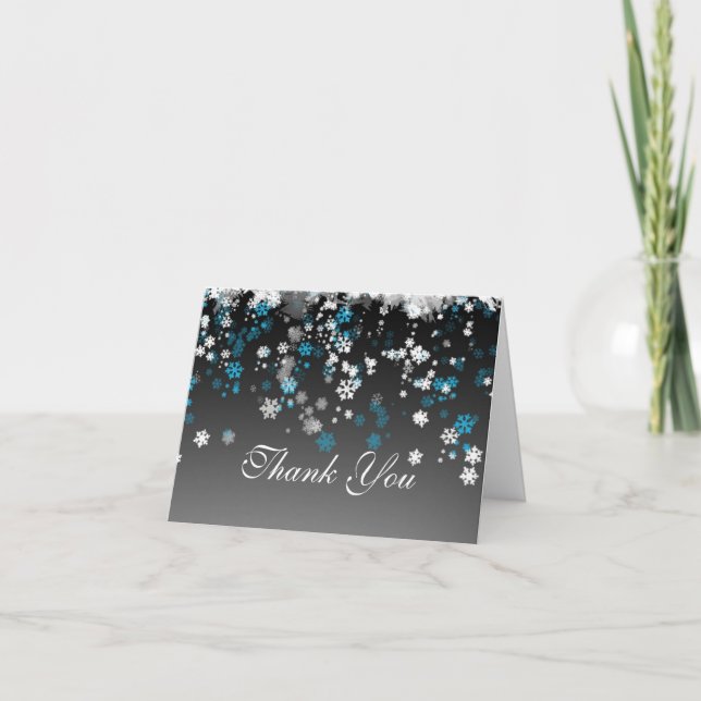 White, blue snowflakes on black Wedding Thank You Card (Front)