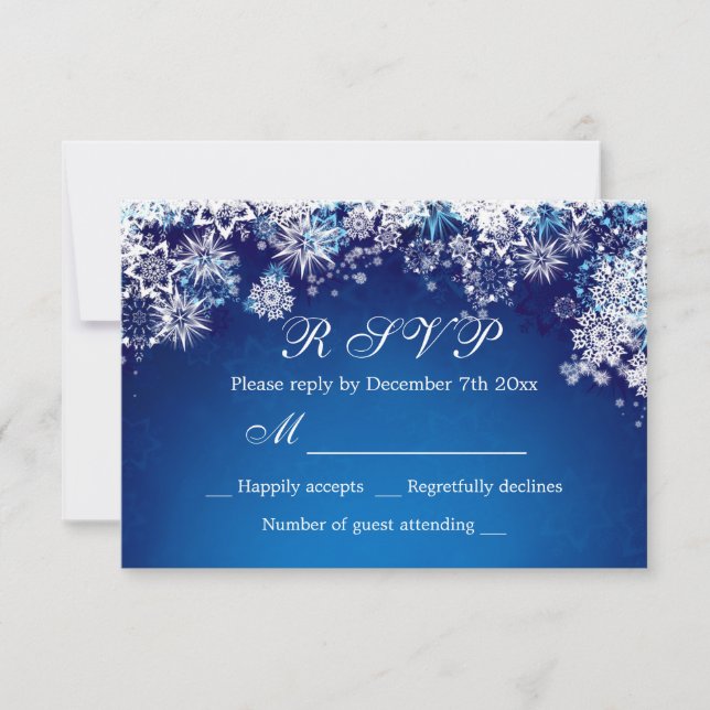 White blue snowflakes on blue RSVP Invitation (Front)