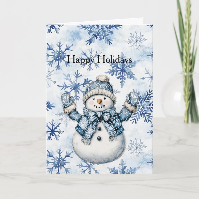 White Blue Snowman Christmas  Card (Front)