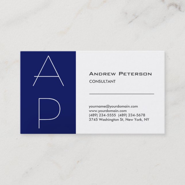 White Blue Stripe Trendy Monogram Business Card (Front)