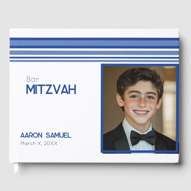 White Blue Striped Photo Bar Mitzvah Guest Book (Front)