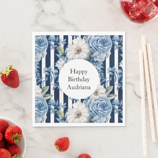 White Blue Stripes Floral Birthday Napkin (Insitu)