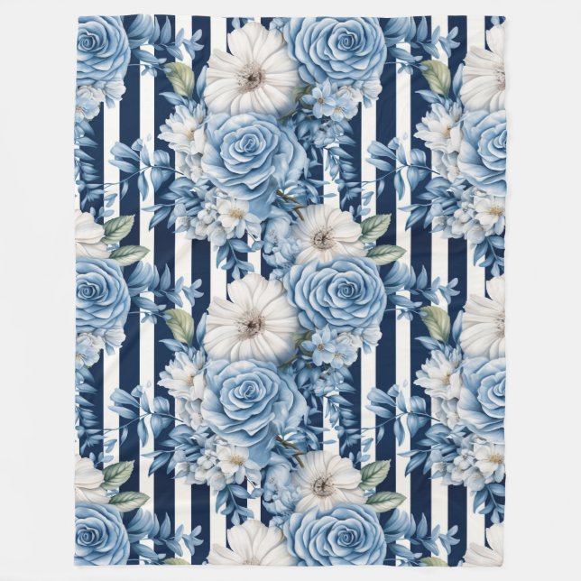 White Blue Stripes Floral   Fleece Blanket (Front)