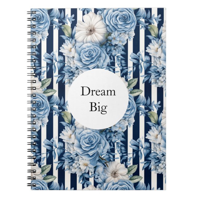 White Blue Stripes Floral Notebook (Front)