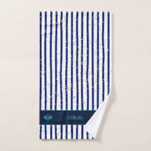 White Blue Stripes Gold Stars Monogram Pickleball Hand Towel