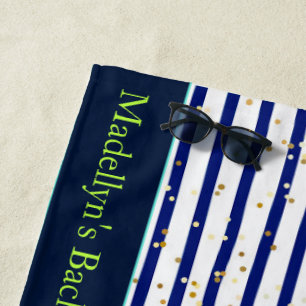 White Blue Stripes Wedding Modern Monogram Beach Towel