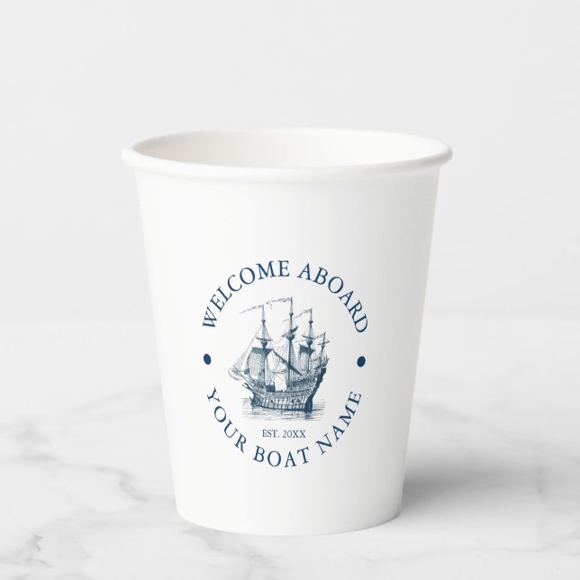 White & Blue Vintage Nautical Boat Illustration Paper Cups (Front)