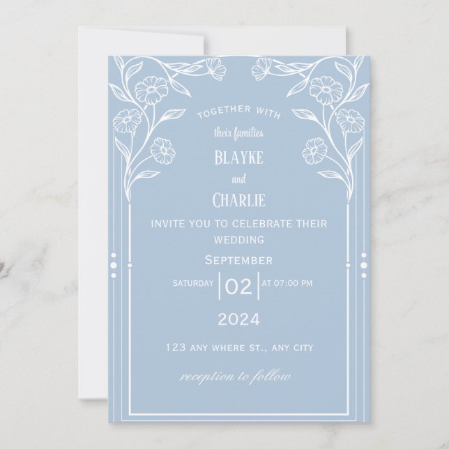 White Blue Vintage Wedding Invitation (Front)
