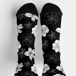 White & Blue Violet Graphic Floral Pattern Socks