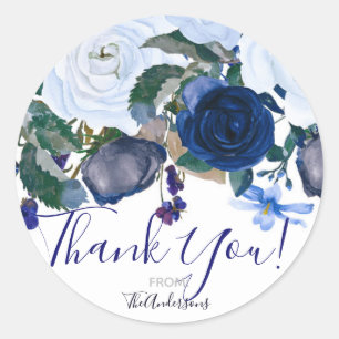 White & Blue Winter Floral Bouquet Chic Wedding Classic Round Sticker