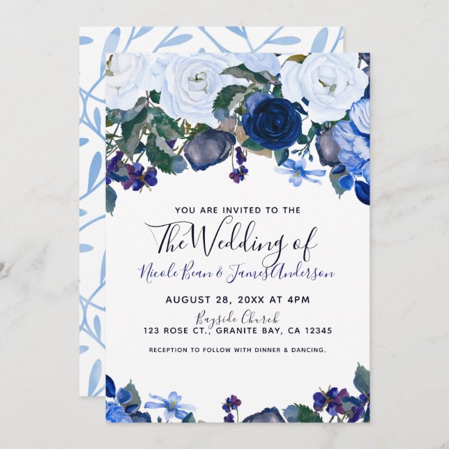 White & Blue Winter Floral Bouquet Chic Wedding Invitation (Front/Back)