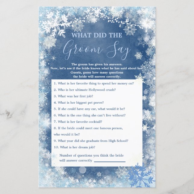 White Blue Winter Snowflake What Groom Say Game (Front)