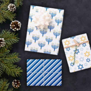 White Blue & Yellow Mixed Hanukkah Patterns Wrapping Paper Sheet