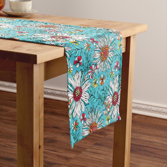 White Blue Yellow Orange Red Daisy Flowers Pattern Short Table Runner (In Situ)