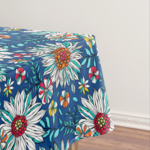 White Blue Yellow Orange Red Daisy Flowers Pattern Tablecloth