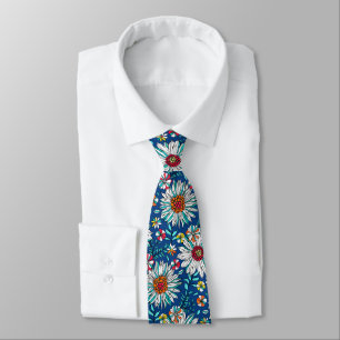 White Blue Yellow Orange Red Daisy Flowers Pattern Tie