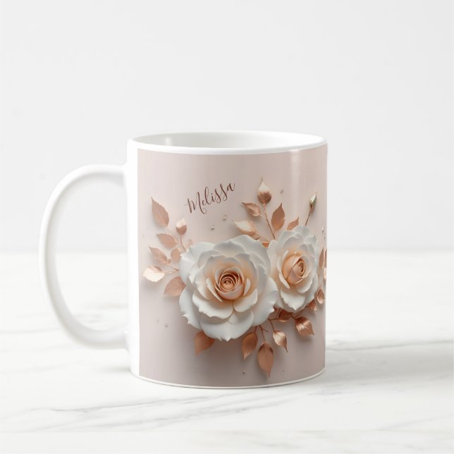White Blush 3 D Flower Name Coffee Mug (Left)