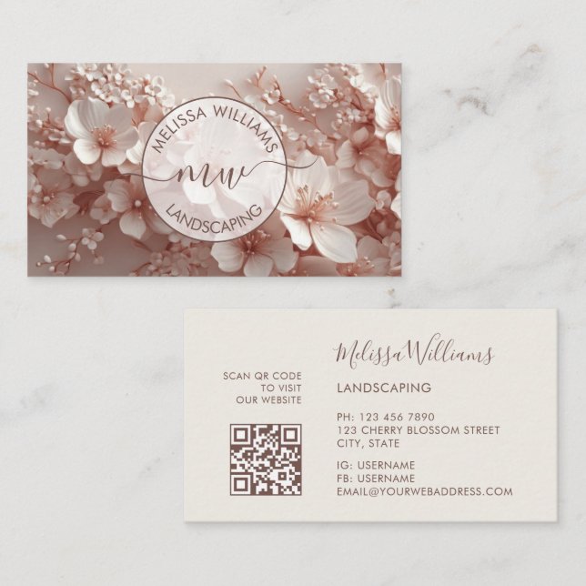 White Blush 3D Flowers Logo Initials Business Card (Front/Back)
