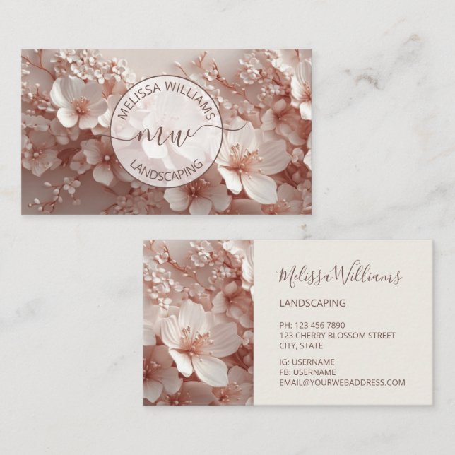 White Blush 3D Flowers Logo Initials Business Card (Front/Back)