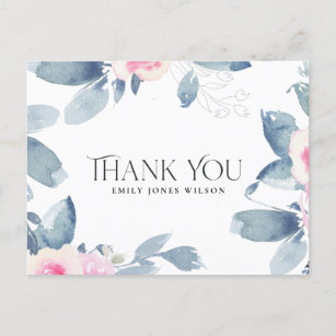WHITE BLUSH BLUE FLORAL ANY AGE BIRTHDAY THANK YOU ANNOUNCEMENT POSTCARD