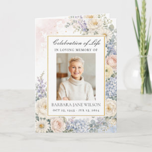 White Blush Blue Floral Photo Funeral Memorial Programme