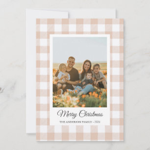 White blush buffalo plaid photo Holiday Card