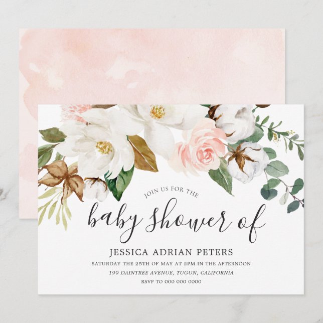 White & Blush Floral Boy or Girl Baby Shower Invitation (Front/Back)